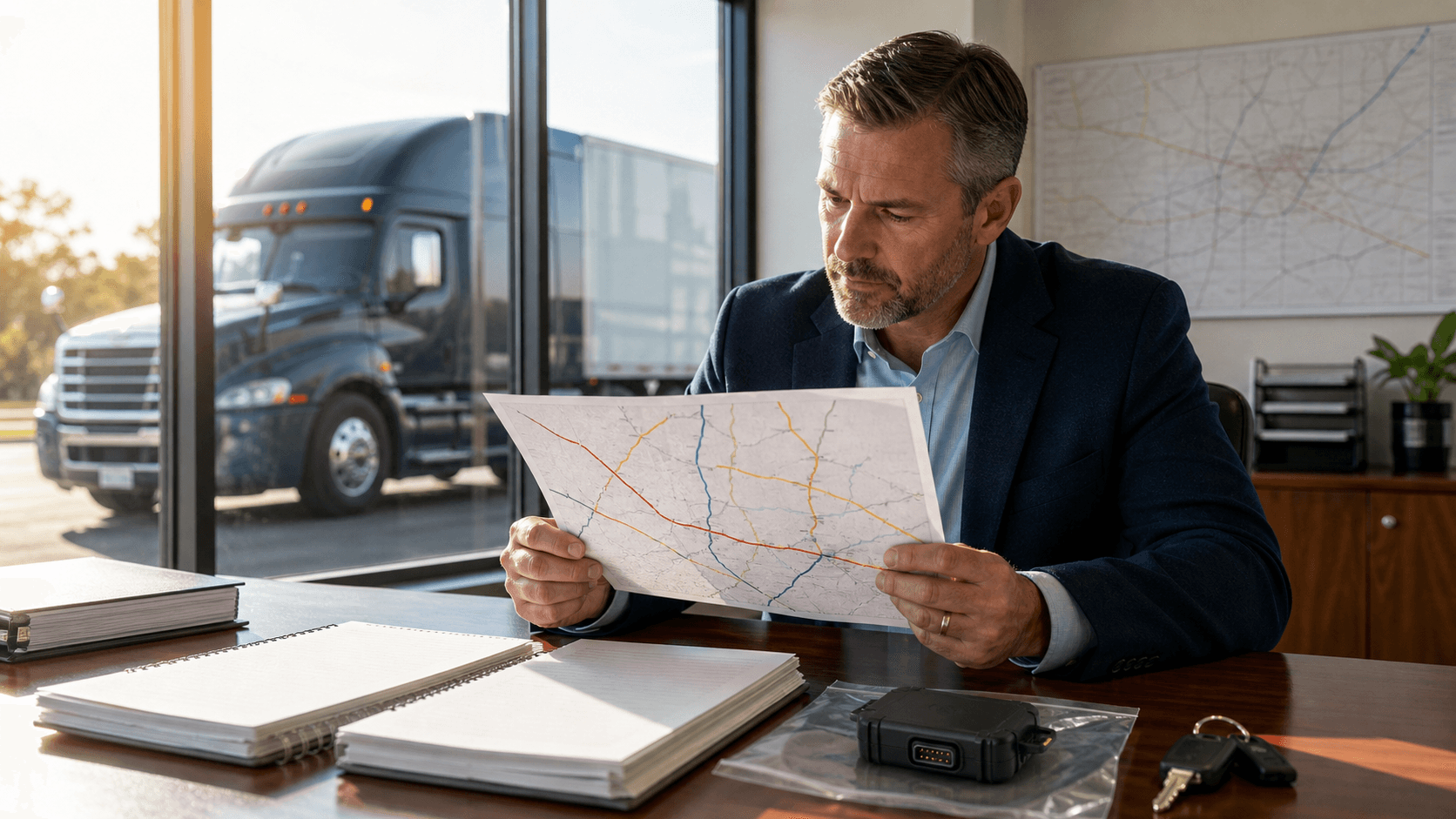 Truck driver reviews documents beside a semi-truck silhouette against a dark blue background.